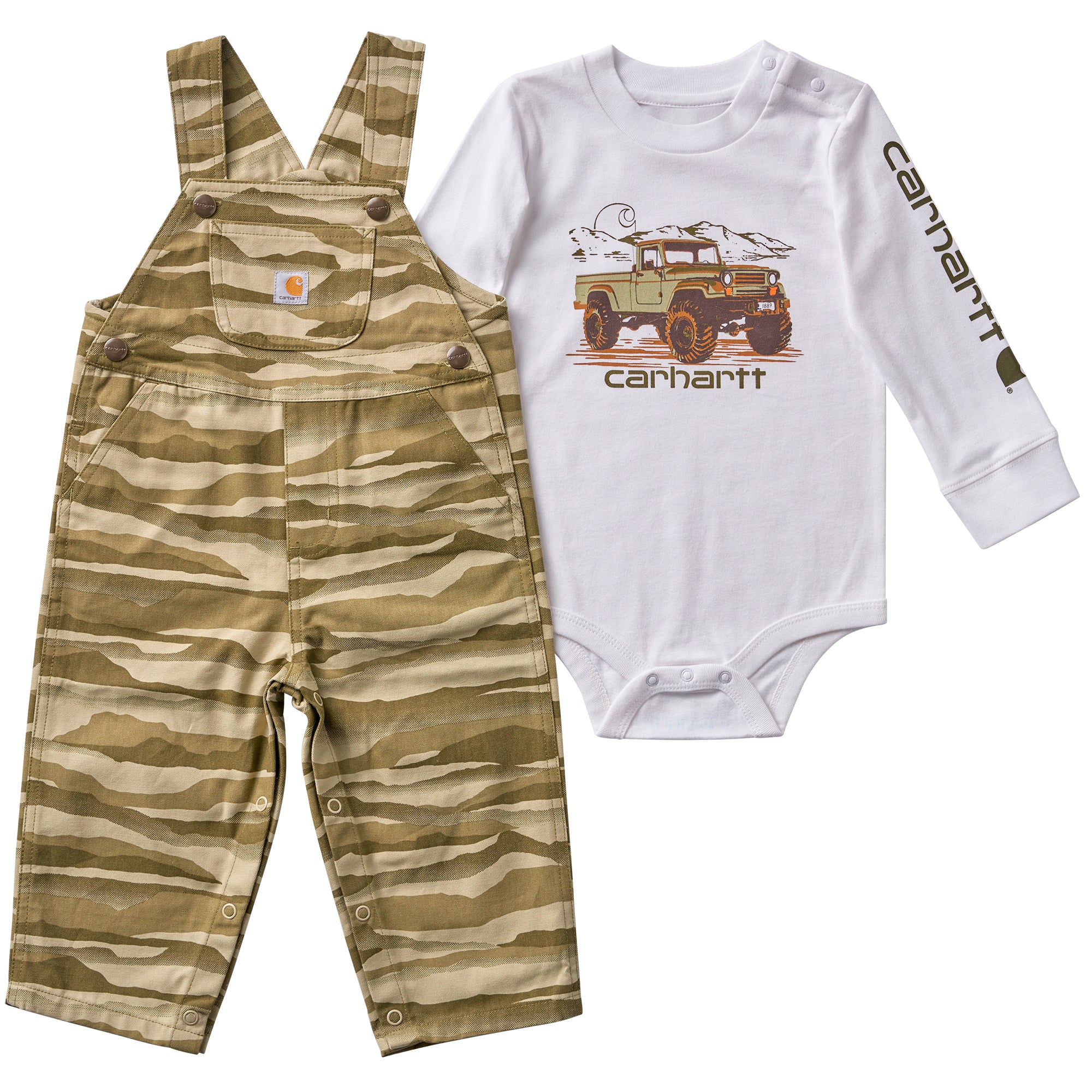 CG8137 - Carhartt Infant Long Sleeve Bodysuit and Printed Canvas Overall Set